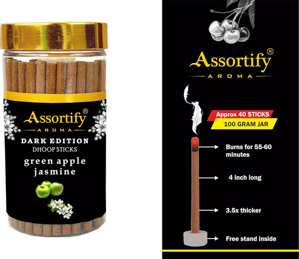 Green Apple Jasmin Dhoop Sticks Jar|Natural Ingredients||100Gm Jar Packaging | Less Smoke| - Achleshwar