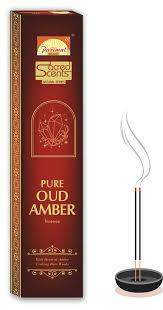 Pure Oudh amber incense sticks with bamboo stems, with cardboard box and holder.