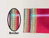 Red cotton border trim with woven colorful bands and silver vertical stripe