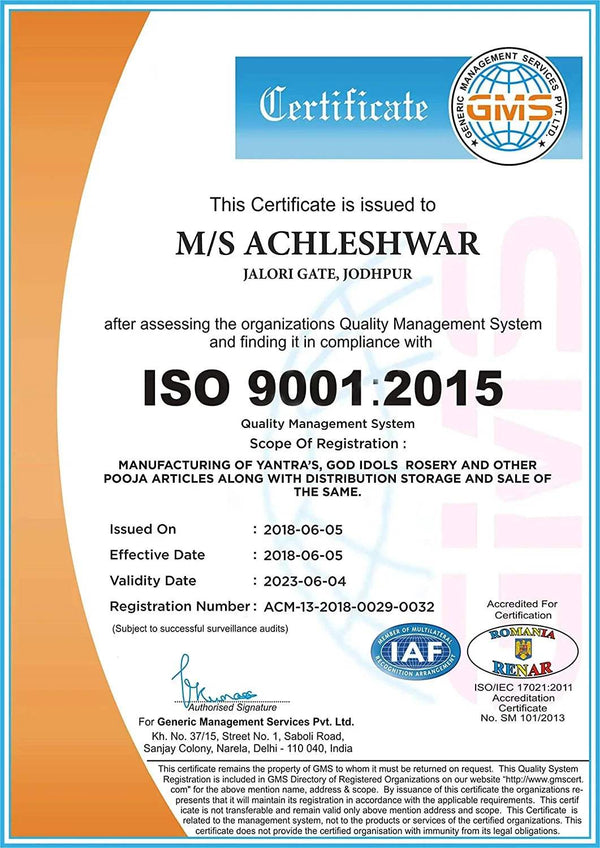 Quality certification document featuring ISO 9001:2015 and issue dates