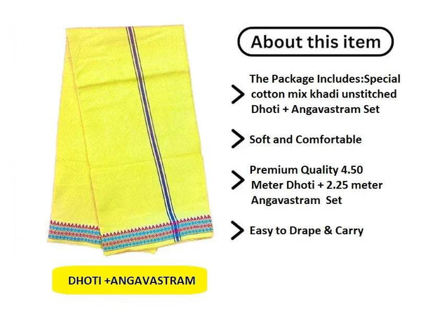 Yellow dhoti and angvastram set with blue stripe and multicolor border