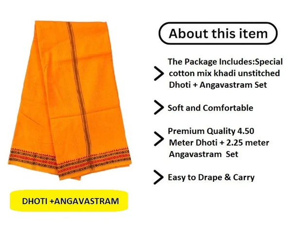 Regular unstiched dhoti set with angvastram cotton with khadi orange colour - Achleshwar