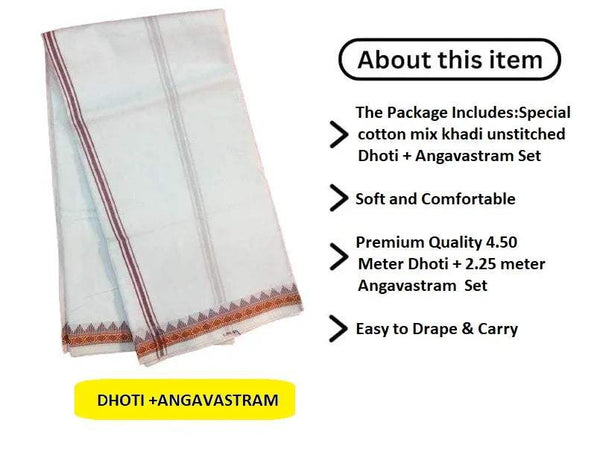 Unstitched cotton dhoti and angvastram set with maroon-gold woven borders