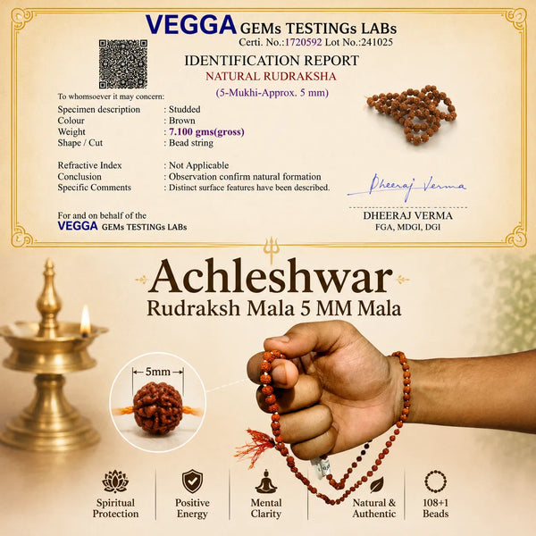 Lab Certified 5 Mukhi Rudraksha Mala 108+1 Beads for Japa & Meditation | 4mm–8mm | Authentic Natural Rudraksha with Certificate | Achleshwar