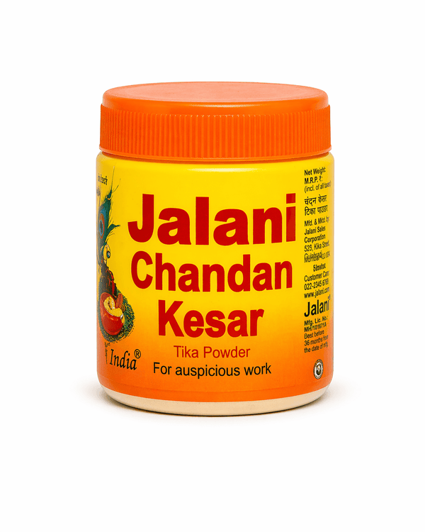 Jalani Chandan Kesar tika powder jar with orange lid and full front label