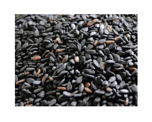 Black sesame seeds close-up with light specks