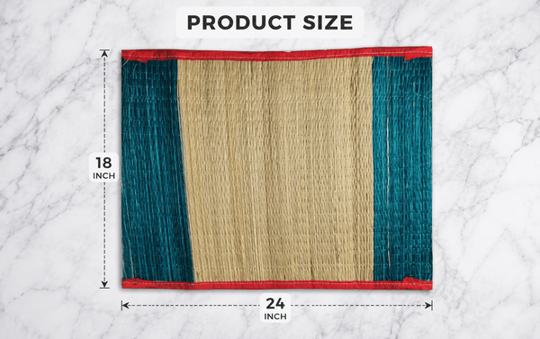 Kusha aasan grass mat, 24x18 in, beige center, teal sides, red border