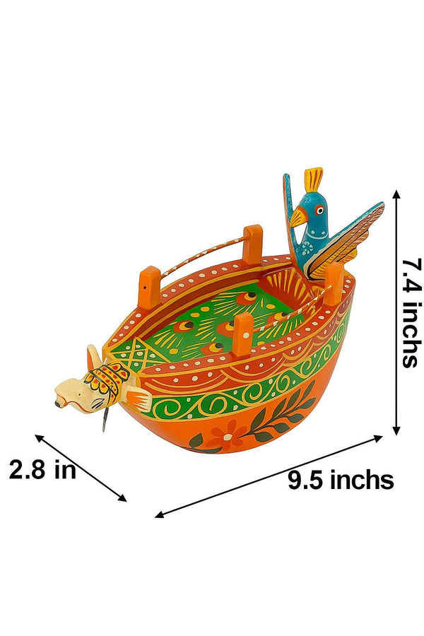Colorful painted wooden boat size 9.5 in x 2.8 in x 7.4 in, orange hull with green and red art