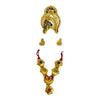 Gold-toned crown, necklace, and earrings set with blue and red stones