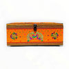 Long decorative velvet storage box in orange with floral appliques and gold trim
