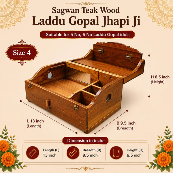 Sagwan Wooden Jhapi Ji for Laddu Gopal | Premium Teak Wood Storage Box for Bal Gopal Idol, Safe Keeping, Temple & Travel Use | Achleshwar