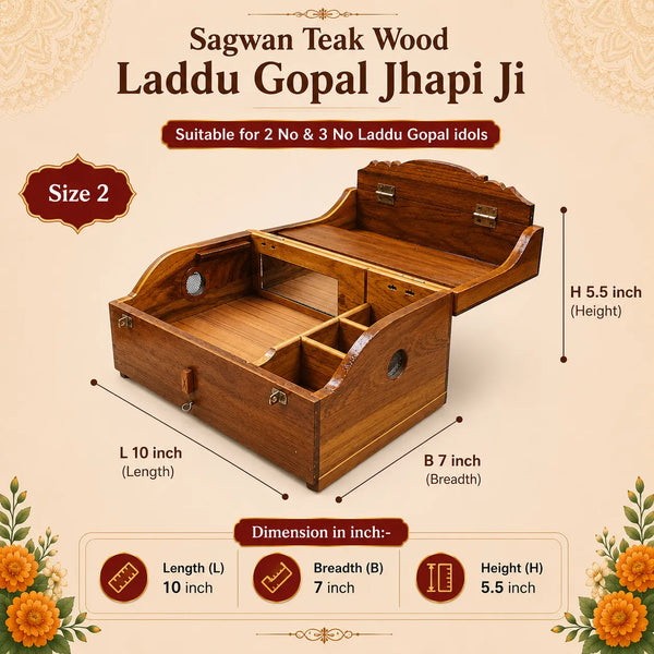 Sagwan Wooden Jhapi Ji for Laddu Gopal | Premium Teak Wood Storage Box for Bal Gopal Idol, Safe Keeping, Temple & Travel Use | Achleshwar