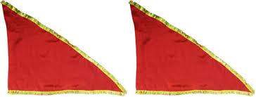 Red puja aarti triangular flag with gold border, two pieces