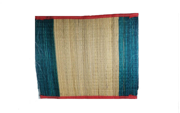 Kusha aasan grass mat with beige center, teal vertical stripes, red border