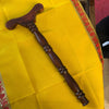 Carved wooden meditation stick with pagoda-like end handle and round bead sections