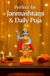 Standing blue goddess idol with gold crown, red dress and pink ornaments on square base