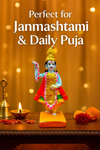 Blue-skinned goddess idol statue with gold crown, red dress, flower garland, yellow base