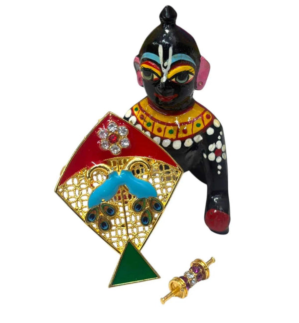 Handmade miniature kite prop with gold border, blue peacock face, red and green tail