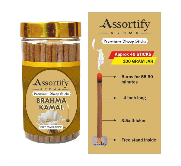 Brahma Kamal dhoop incense stick jar with label showing approx 40 sticks