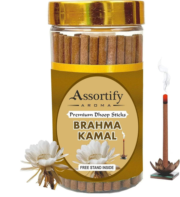Brahma Kamal dhoop incense stick jar with gold lid and brown sticks