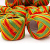 Multicolor striped yarn balls with twisted texture, green red yellow tones