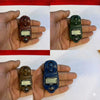 Collage of handheld digital bead counters in wood look, with LCD screens and reset buttons