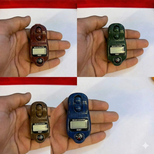 Collage of handheld digital bead counters in wood look, with LCD screens and reset buttons