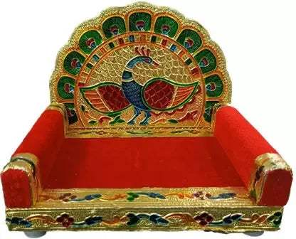 Handcrafted peacock wooden throne seat with red cushion and gold carved frame