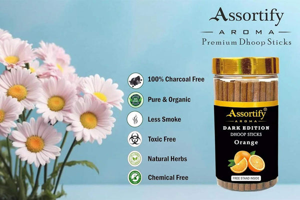 Assortify Aroma orange dhoop sticks jar with less smoke and toxic-free icons