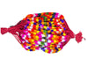 Traditional thread mala ornament with red base, multicolor checker stripes, and side tassels