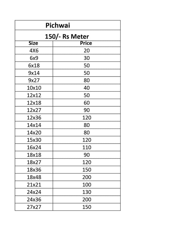 Pichwai 150 RS meter size and price chart