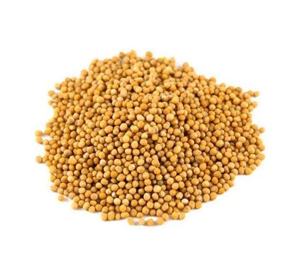 Large mound of mustard seeds with yellow round grains