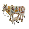 Handcrafted cow idol with calf, white with colorful figure motifs, gold hooves and chain bell