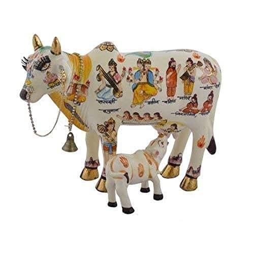 Handcrafted cow idol with calf, white with colorful figure motifs, gold hooves and chain bell