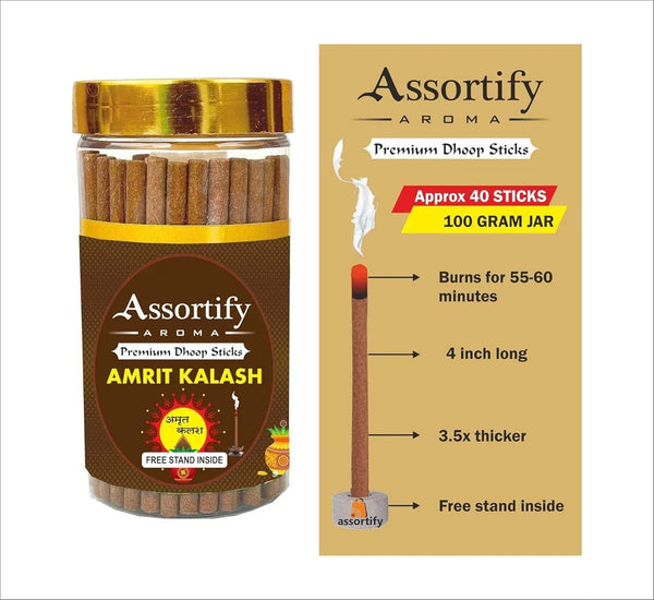 Amrit Kalash dhoop sticks jar, gold cap and Assortify aroma label