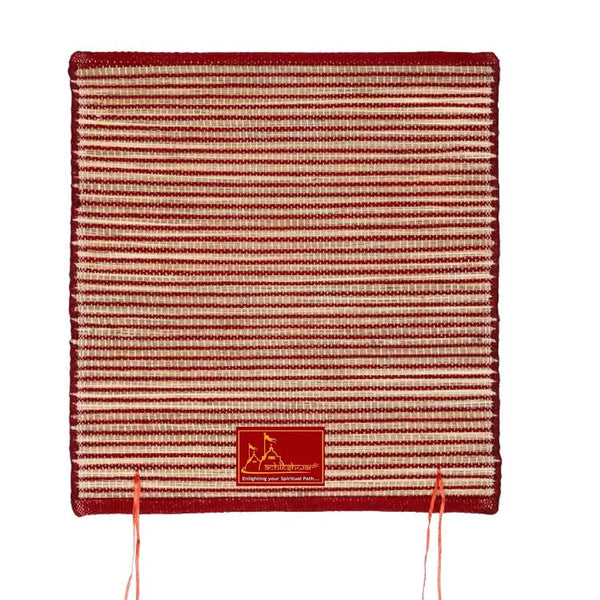Maroon handwoven kusha grass mat, square with striped weave and hanging ties