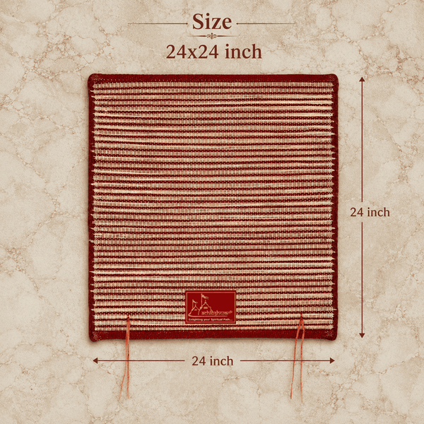 Maroon striped handwoven kusha grass mat, 24x24 inch, with hanging ties