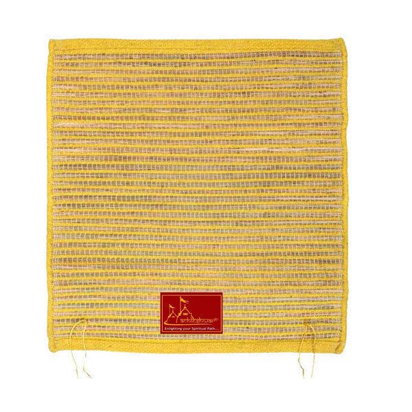 Yellow handwoven kusha grass mat, square with striped weave and hanging ties