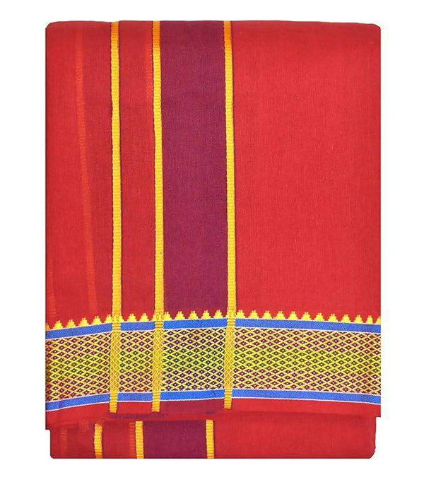 Red cotton dhoti with gold vertical stripes and blue patterned border