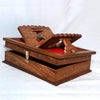 Wooden foldable book stand with red insert, gold star accents, side view