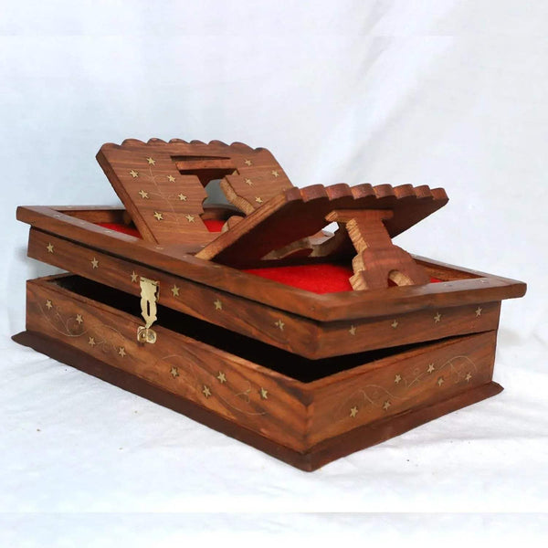Wooden foldable book stand with red insert, gold star accents, side view