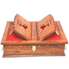 Wooden book stand box open with red interior, gold star pattern and central latch