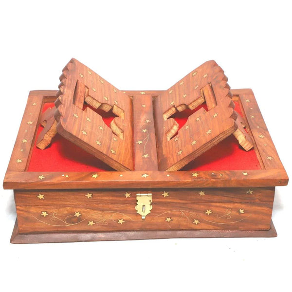 Wooden book stand box open with red interior, gold star pattern and central latch