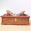 Wooden foldable book stand box with red interior and gold star/flower carvings