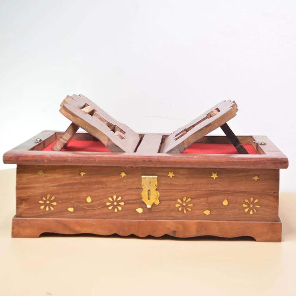 Wooden foldable book stand box with red interior and gold star/flower carvings