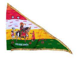 Printed religious flag on pole, red-yellow-green with gold trim and deity scene