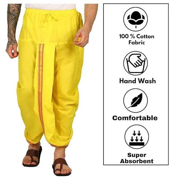 Yellow dhoti pants with gathered waist and vertical zari border detail