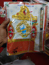 Baccha set in plastic wrap, red and gold decorative fabric pieces with white backing