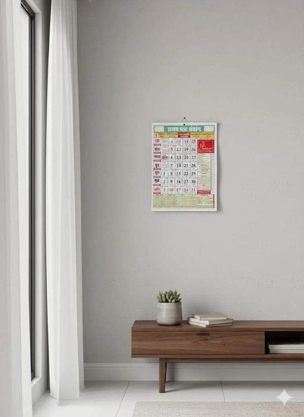 Small 2026 Hindi calendar on wall, red date blocks and green grid