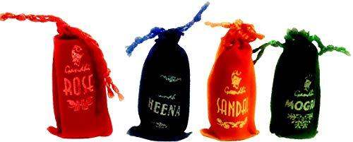 Set of four itra bottle drawstring pouches: red, black, orange, and green.